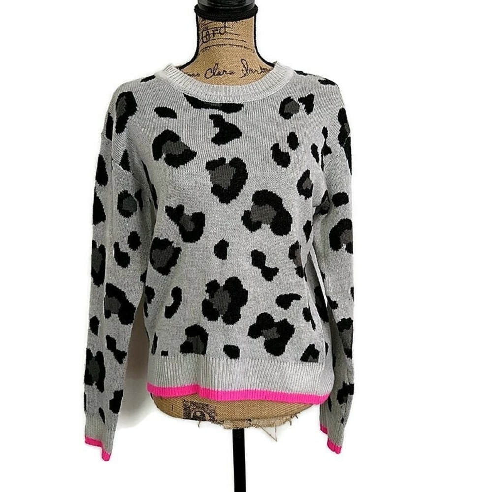Ultra Flirt Leopard Print Sweater Womens Medium Grey Black Neon Pink Edgy Bold